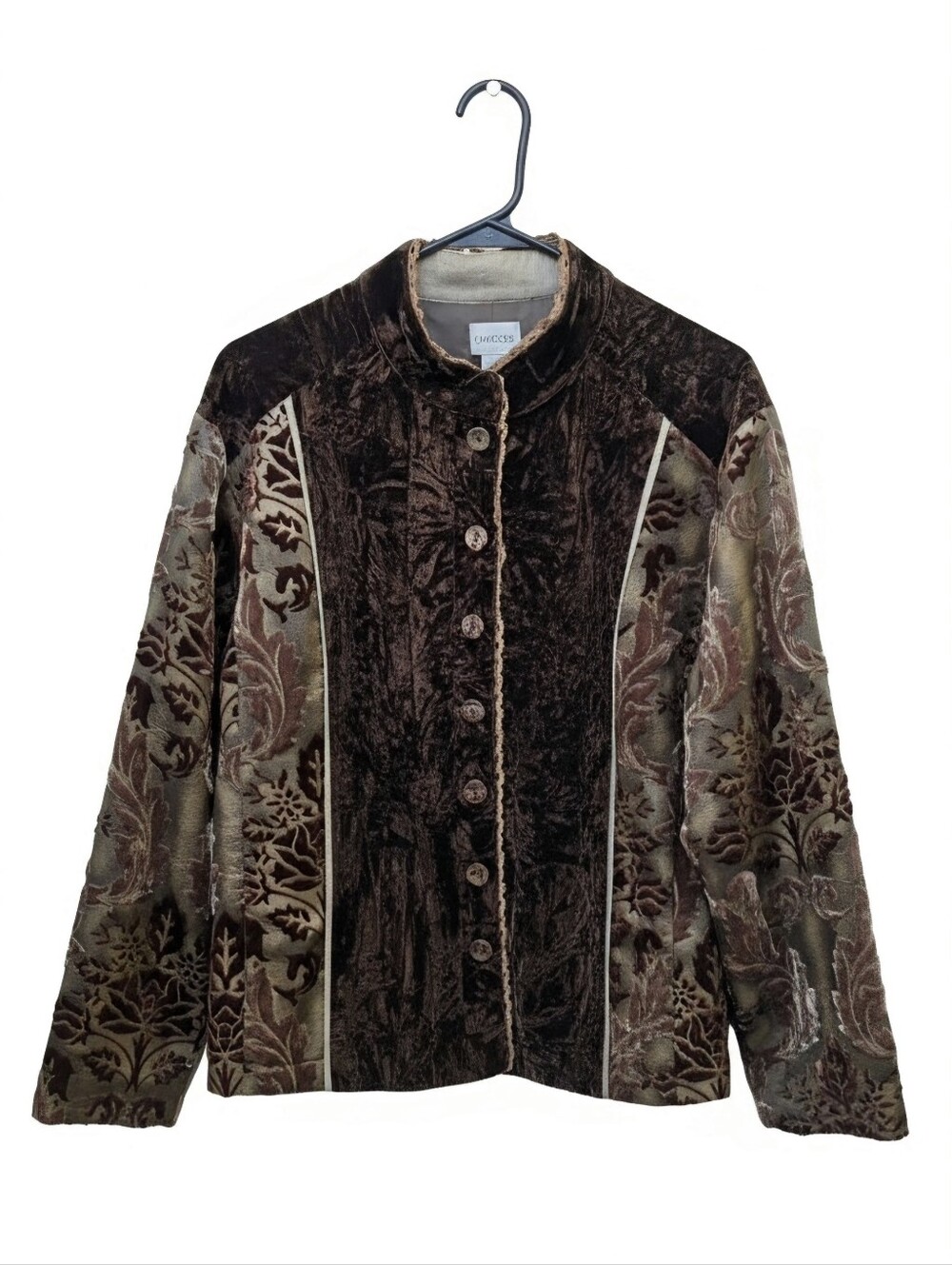 Chico's Brown Crushed Velvet Metallic Print Blazer Jacket Size 3 (XL)